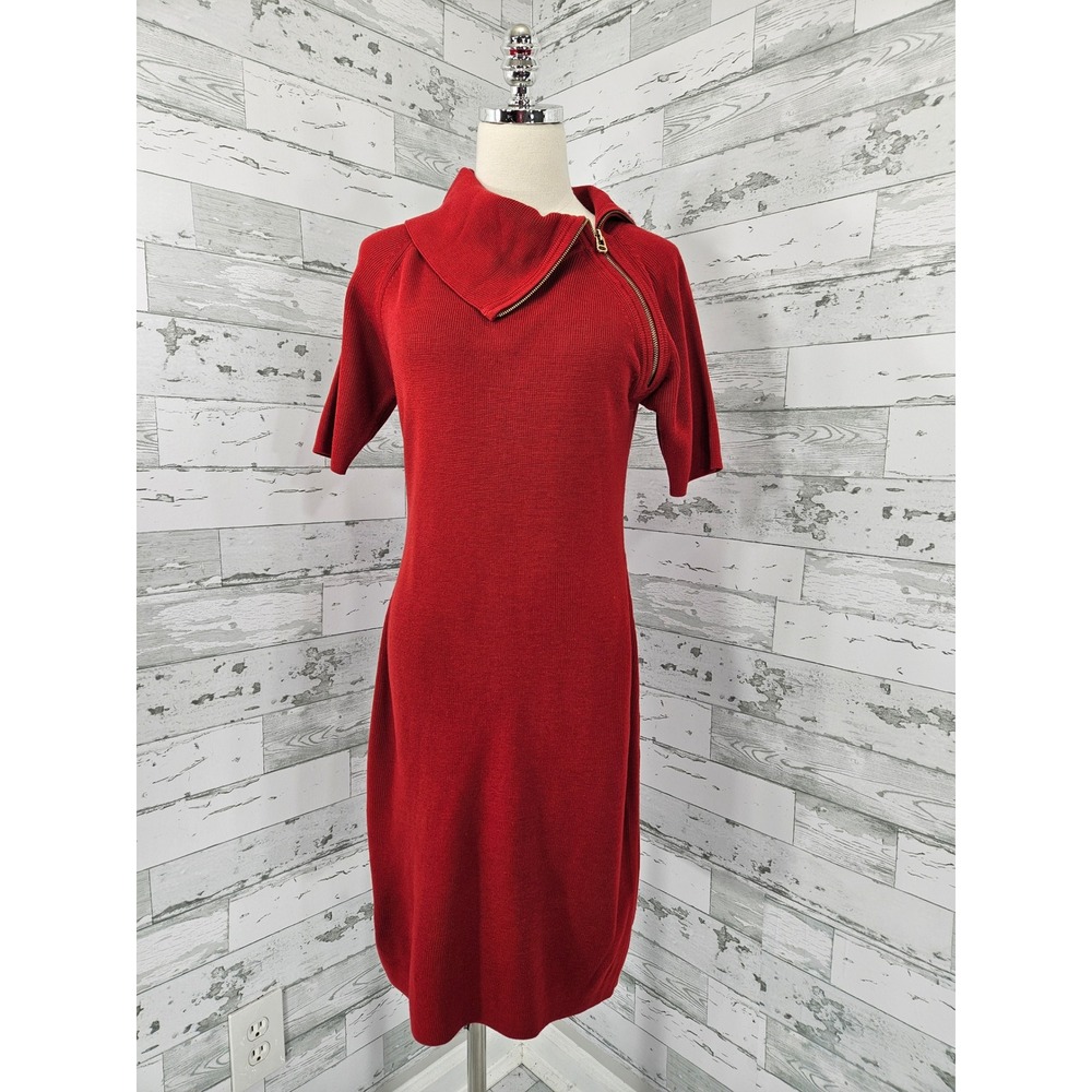 Calvin Klein Red Knit Sweater Dress Asymmetrical Zip Short Sleeve Midi size 6